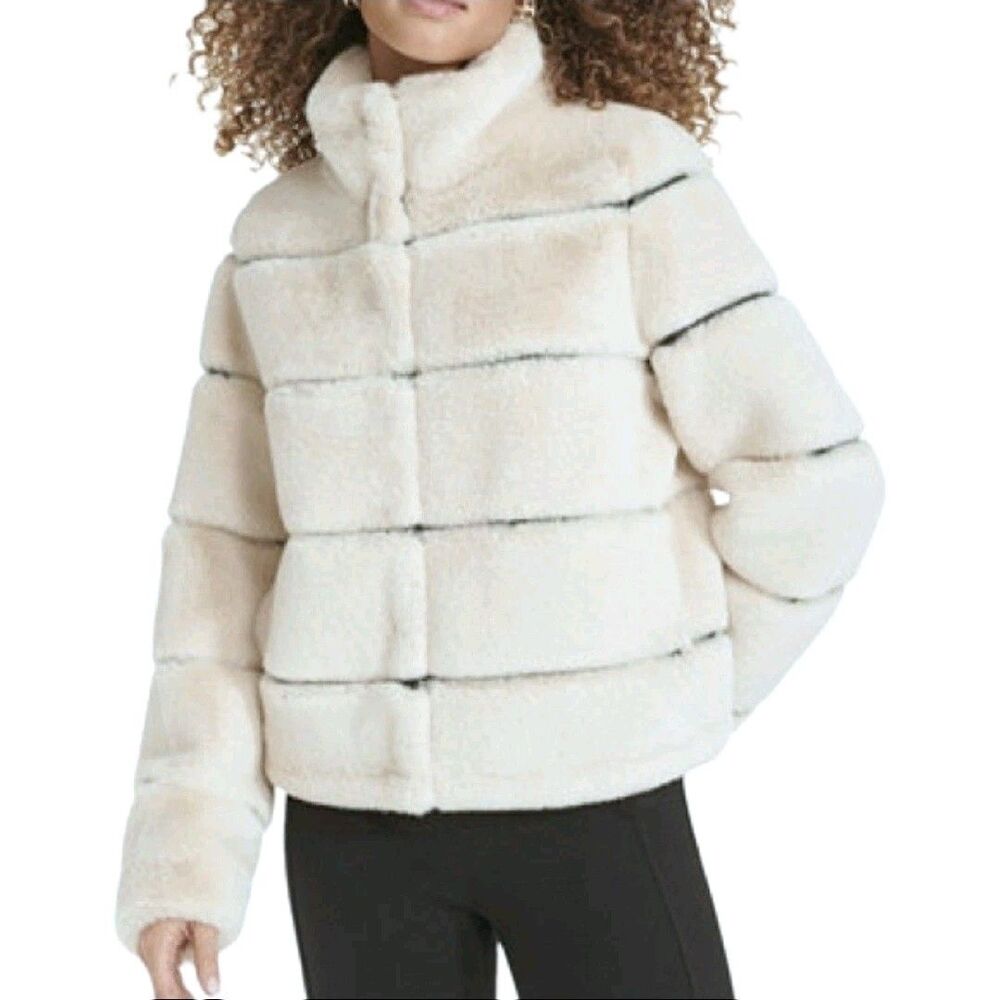 Karl Lagerfeld Paris Faux Fur Coat Faux Leather Trim Women's Size 14 (XL) Cream